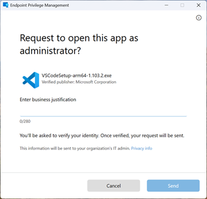 Screenshot: Aufforderung, die ein Benutzer erhält, wenn er die Ausführung einer Anwendung als Administrator per Supportgenehmigung anfordert.