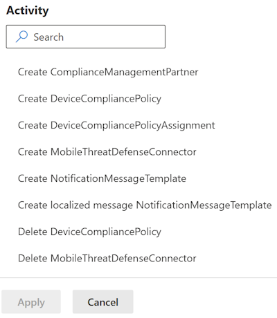 Filtern Sie Überwachungsprotokolle nach Konformitätskategorie, und wählen Sie eine Aktivität in Microsoft Intune und Intune Admin Center aus.