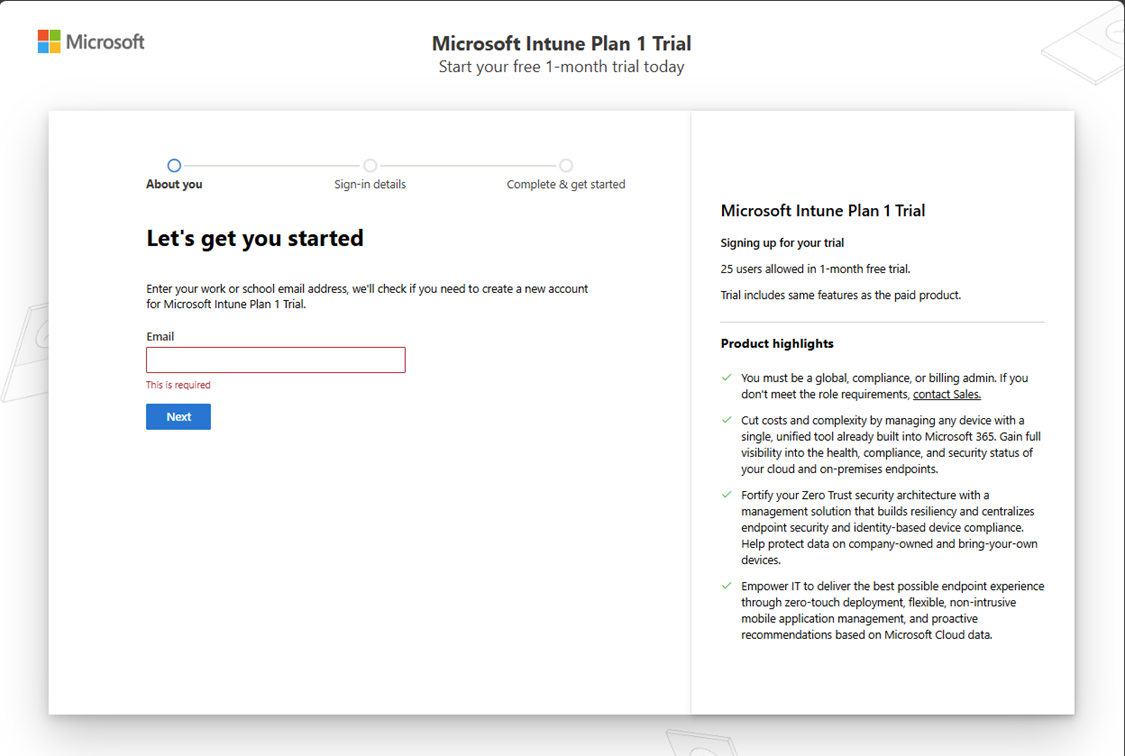 Screenshot der Microsoft Intune-Testkonto-Webseite für die Registrierung.