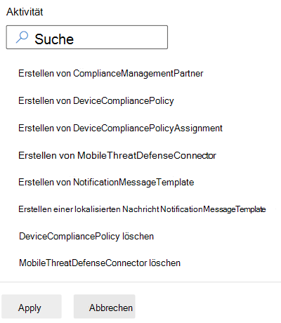 Filtern Sie Überwachungsprotokolle nach Konformitätskategorie, und wählen Sie eine Aktivität in Microsoft Intune und Intune Admin Center aus.