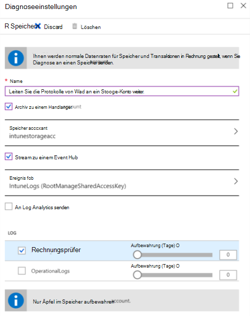 Screenshot: Senden von Microsoft Intune Überwachungsprotokollen an ein Azure Storage-Konto