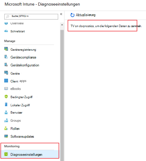 Screenshot: Aktivieren der Diagnoseeinstellungen in Microsoft Intune zum Senden von Protokollen an Azure Monitor