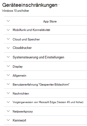 Alle Einstellungen für Geräteeinschränkungen für Windows-Geräte in Microsoft Intune.
