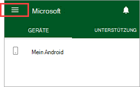 Screenshot: Unternehmensportal App mit hervorgehobener Menüschaltfläche