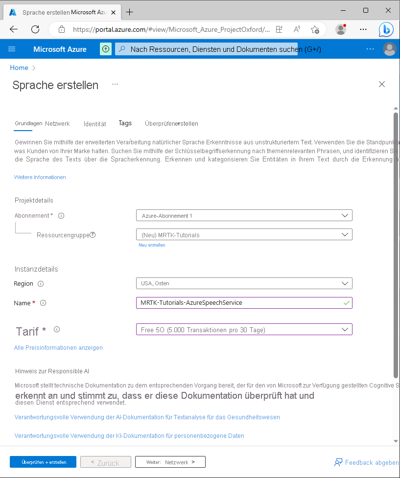 Screenshot of the configured Create Language form.