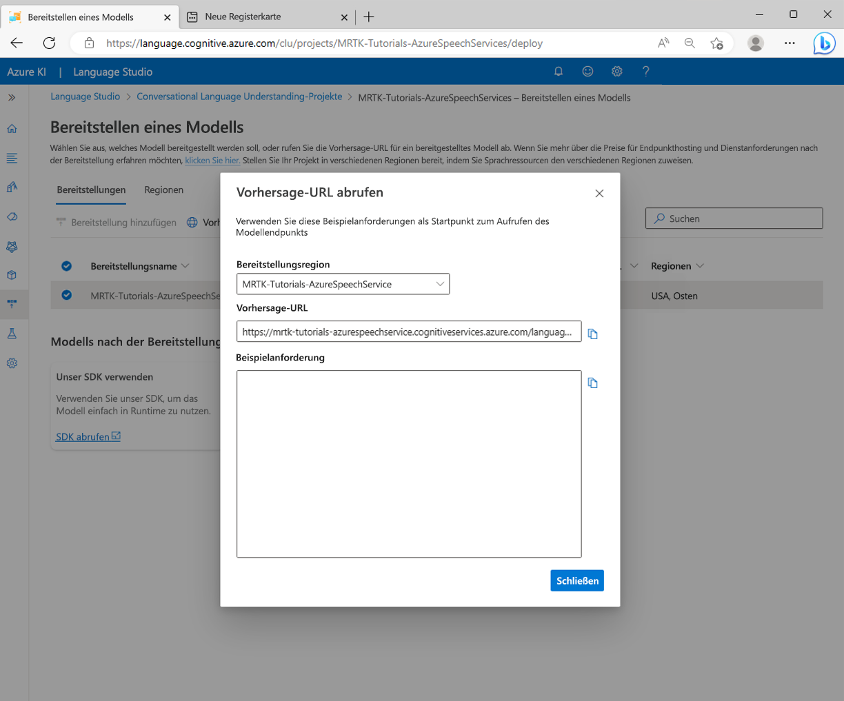 Screenshot of Get Prediction URL popup.