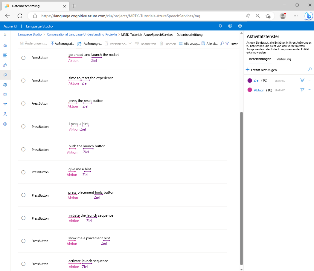 Screenshot of the PressButton intent page with all example utterances labeled.