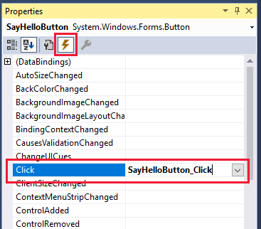 Screenshot that shows the Events pane selected in the Properties window, and the Click event in a red box.
