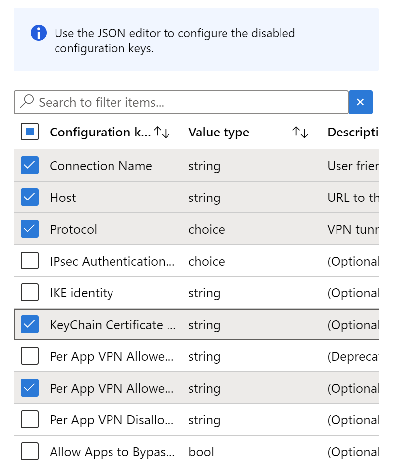 Hinzufügen von Konfigurationsschlüsseln zu einer VPN-App-Konfigurationsrichtlinie in Microsoft Intune mithilfe des Konfigurations-Designers – Beispiel.