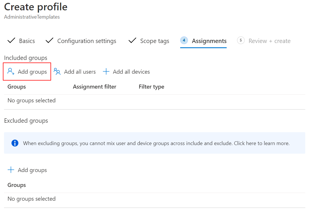 Screenshot: Zuweisen oder Bereitstellen der ADMX-Richtlinienvorlage für Benutzer oder Gruppen in Microsoft Intune und Intune Admin Center