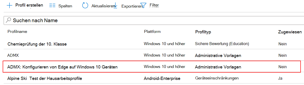 Screenshot der ADMX-Richtlinieneinstellung in der Liste des Gerätekonfigurationsprofils im Microsoft Intune und Intune Admin Center.