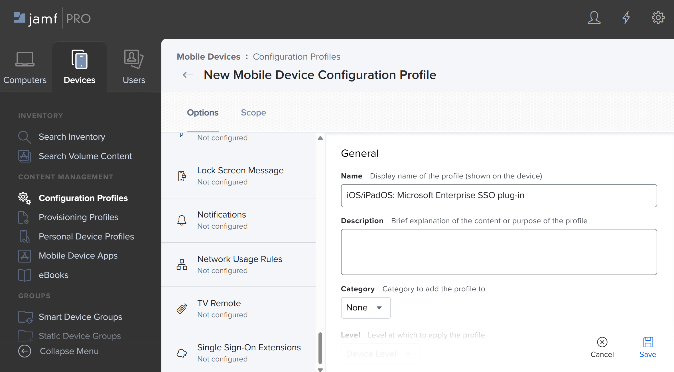 Screenshot: Jamf Pro-Portal Wählen Sie die Option SSO für Konfigurationsprofile und dann für iOS-/iPadOS-Geräte hinzufügen aus.