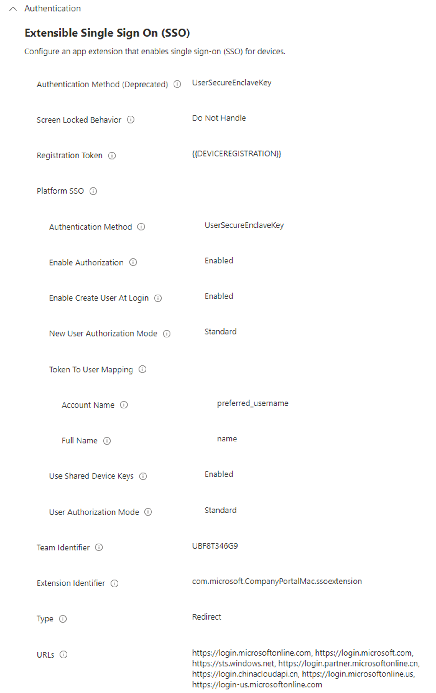 Screenshot: Empfohlene Plattform-SSO-Einstellungen in einem Intune-MDM-Profil