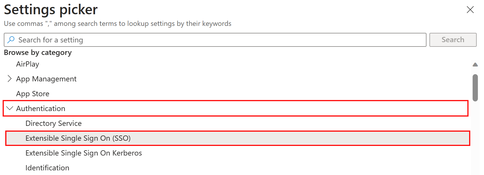 Screenshot: Einstellungskatalog-Einstellungsauswahl und Auswahl der Authentifizierungs- und erweiterbaren SSO-Kategorie in Microsoft Intune