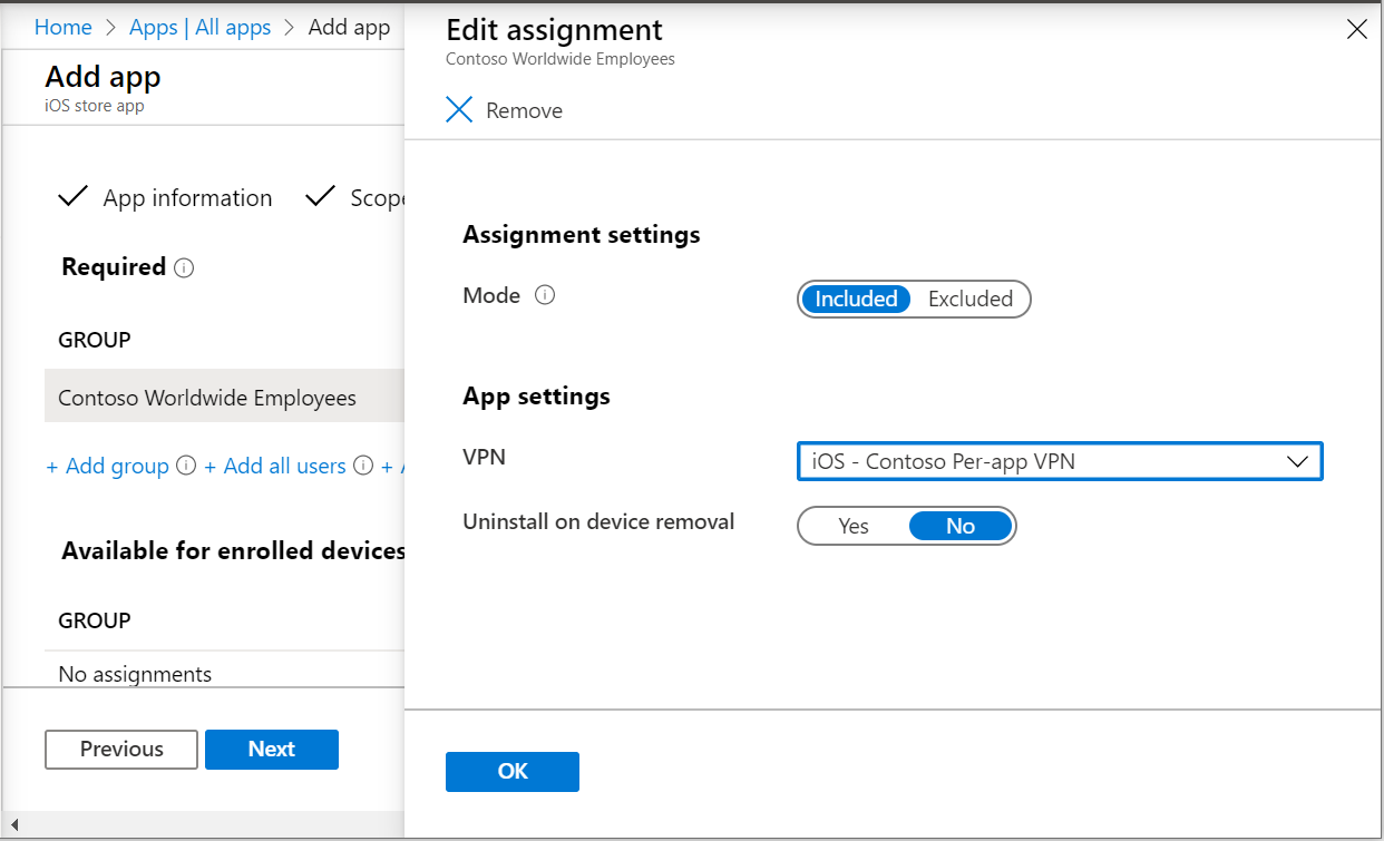 Zwei Screenshots, die das Zuweisen einer App zum PRO-App-VPN-Profil in Microsoft Intune und Intune Admin Center zeigen.