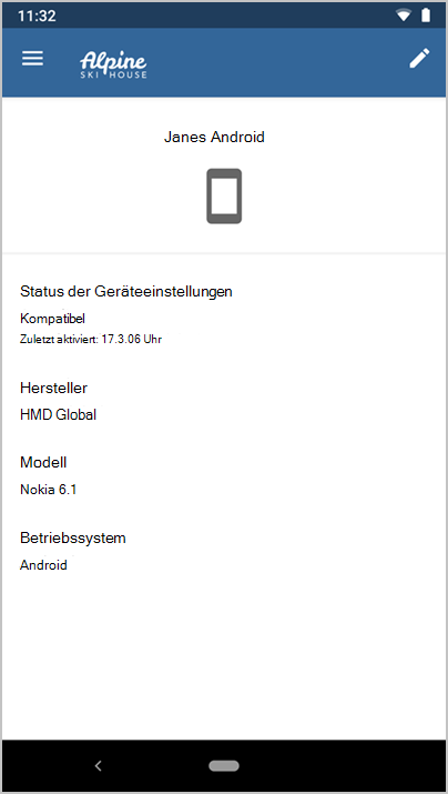 Screenshot: Microsoft Intune-App mit Gerätedetails für „Jane's Android“
