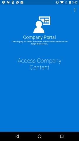 Ein Bild der Unternehmensportal-App von Android, auf dem man in der Mitte groß „Auf Unternehmensinhalte zugreifen“ lesen kann, statt direkt Registrierungsoptionen wie im Normalfall zu sehen.