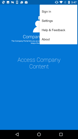 Ein Bild der Unternehmensportal-App für Android mit dem Menü in der rechten oberen Ecke des Bildschirms mit der Option, ein Gerät zu registrieren.