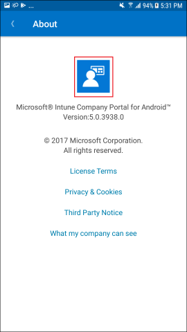 Screenshot zeigt Unternehmensportal-App für Android, Info-Bildschirm.