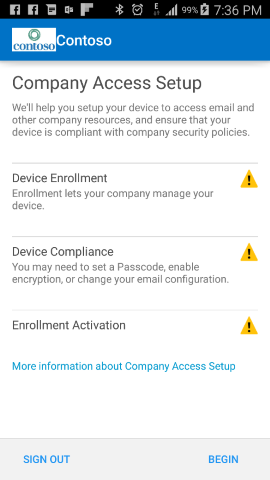 Screenshot zeigt Unternehmensportal-App für Android vor dem Update, Aktivierungsbildschirm für bedingten Zugriff auf E-Mails.
