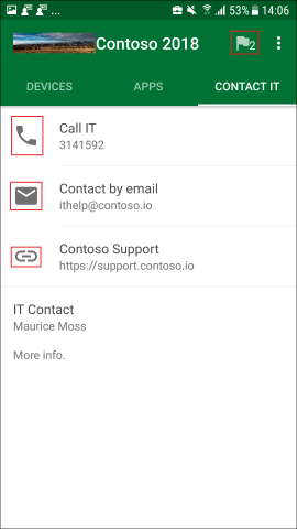Screenshot zeigt Unternehmensportal-App für Android, KONTAKT ID-Bildschirm, aktualisiert.