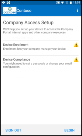 Screenshot zeigt Unternehmensportal-App für Android-Text vor dem Update, „Setup des Unternehmenszugriffs“-Bildschirm.