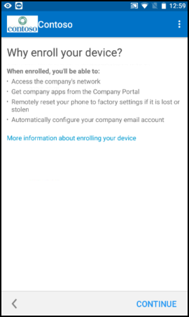 Screenshot zeigt Unternehmensportal-App für Android-Text vor dem Update, „Gründe für das Registrieren Ihres Geräts“-Bildschirm.