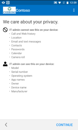 Screenshot zeigt Unternehmensportal-App für Android vor dem Update, Datenschutzinformationen.