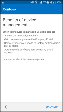 Screenshot zeigt Unternehmensportal-App für Android-Text nach dem Update, „Vorteile der Geräteverwaltung“-Bildschirm.