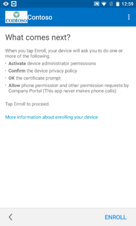 Screenshot zeigt Unternehmensportal-App für Android vor dem Update, „Was ist der nächste Schritt?“-Bildschirm.