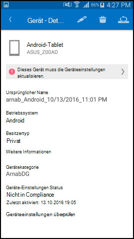 Screenshot zeigt Unternehmensportal-App für Android-Text nach dem Update, Gerätedetails-Bildschirm.