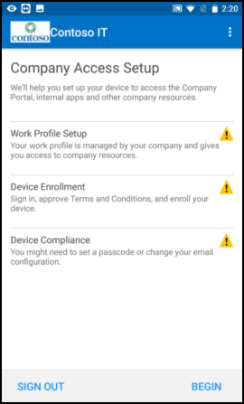 Screenshot zeigt Unternehmensportal-App für Android-Text vor dem Update, „Setup des Unternehmenszugriffs“-Bildschirm mit Einrichten des Arbeitsprofils.