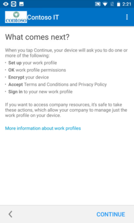 Screenshot zeigt Unternehmensportal-App für Android-Arbeitsprofilgeräte vor dem Update, „Was ist der nächste Schritt?“-Bildschirm.