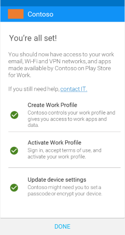 Screenshot zeigt Unternehmensportal-App für Android-Arbeitsprofilgeräte nach dem Update, „Alles erledigt!“-Bildschirm.