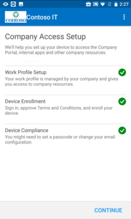 Screenshot zeigt Unternehmensportal-App für Android-Arbeitsprofilgeräte vor dem Update, „Setup des Unternehmenszugriffs abgeschlossen“-Bildschirm.