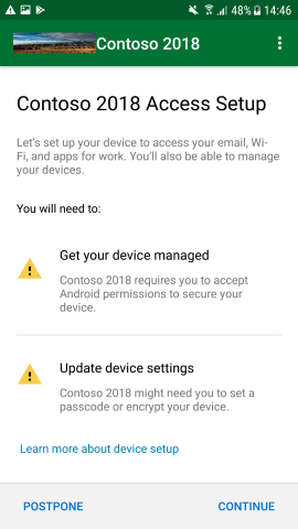 Screenshot zeigt Unternehmensportal-App für Android, „Setup für den Zugriff“-Bildschirm, aktualisiert.