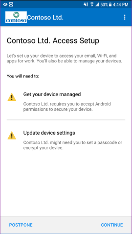 Screenshot zeigt Unternehmensportal-App für Android, „Setup für den Zugriff“-Bildschirm.