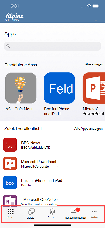 Abbildung des Unternehmensportals für iOS/iPadOS, mit Hervorhebung der aktualisierten Symbole im unteren Menü