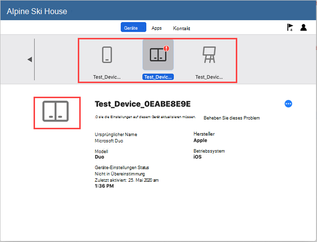 Abbildung des Unternehmensportal für macOS, Registerkarte „Geräte“, mit Hervorhebung der aktualisierte Symbole