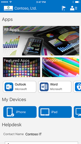 Abbildung der Unternehmensportal-App für iOS vor dem Update mit vordefinierten Füllungsbildern für „Alle Apps“, „Ausgewählte Apps“ und „Kategorien“.