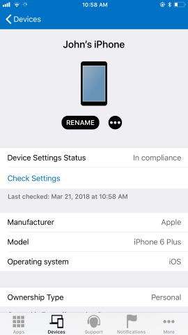Screenshot zeigt Unternehmensportal-App für iOS / iPadOS nach dem Update und „Geräte“.