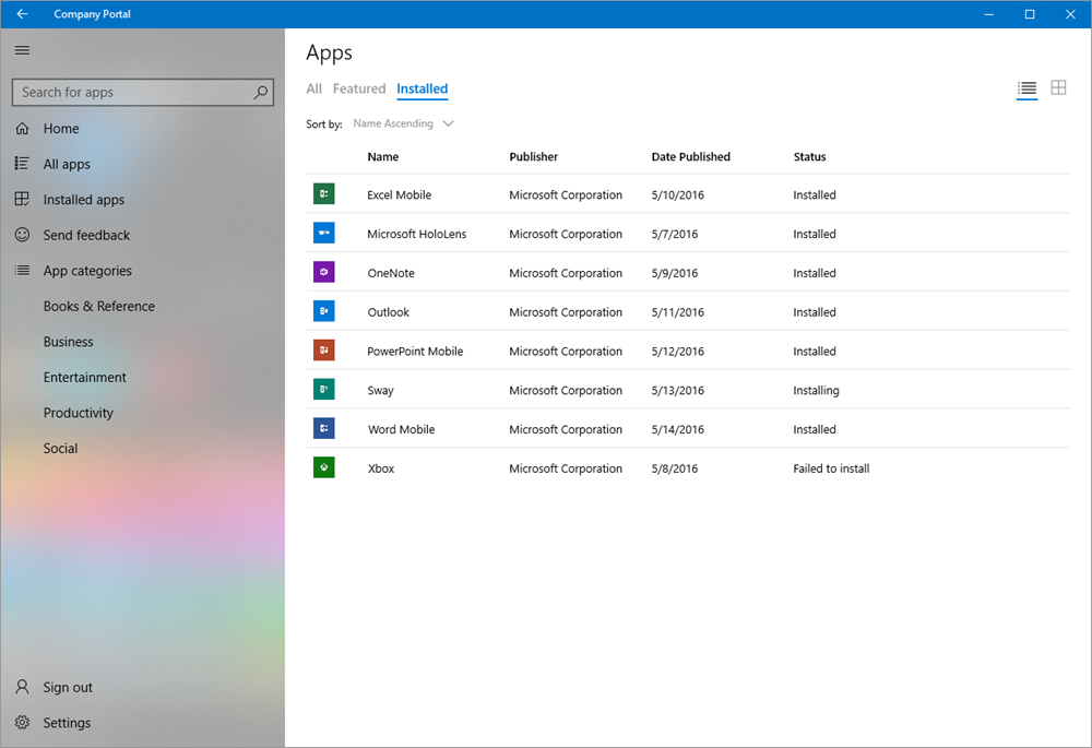 Screenshot der Intune-Unternehmensportal-App für Windows, die die installierten Apps in der Detailansicht anzeigt