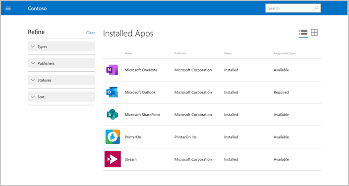 Screenshot: Seite „Installierte Apps“ auf der Unternehmensportalwebsite
