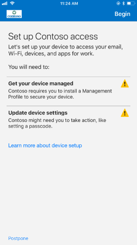 Screenshot zeigt Unternehmensportal-App für iOS / iPadOS nach dem Update, „Setup des Unternehmenszugriffs“-Bildschirm.