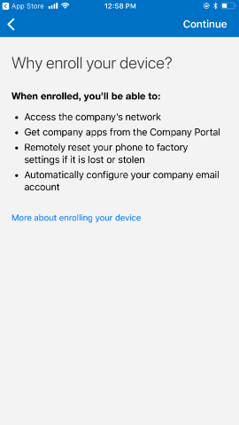Screenshot zeigt Unternehmensportal-App für iOS / iPadOS vor dem Update, „Gründe für das Registrieren Ihres Geräts“-Bildschirm.