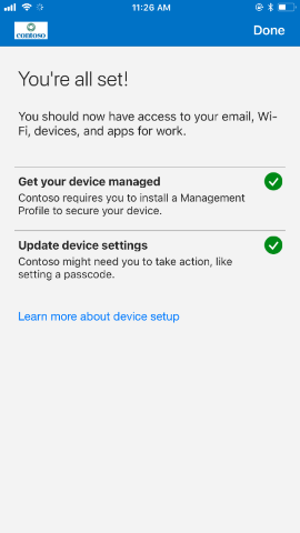 Screenshot zeigt Unternehmensportal-App für iOS / iPadOS vor dem Update, „Alles erledigt!“-Bildschirm.