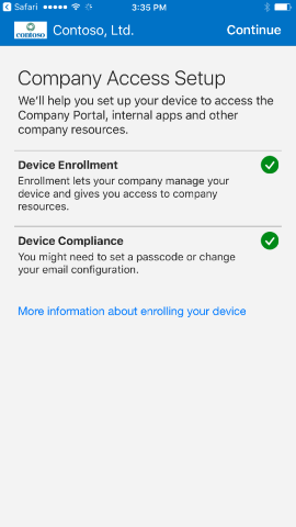 Screenshot zeigt Unternehmensportal-App für iOS / iPadOS vor dem Update, „Setup des Unternehmenszugriffs“-Bildschirm, abgeschlossen.