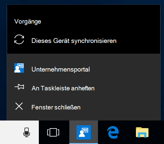 Screenshot der Windows-Taskleiste auf dem Desktop eines Geräts. Unternehmensportal App-Programmsymbol wurde geklickt, um ein Menü mit den Optionen 