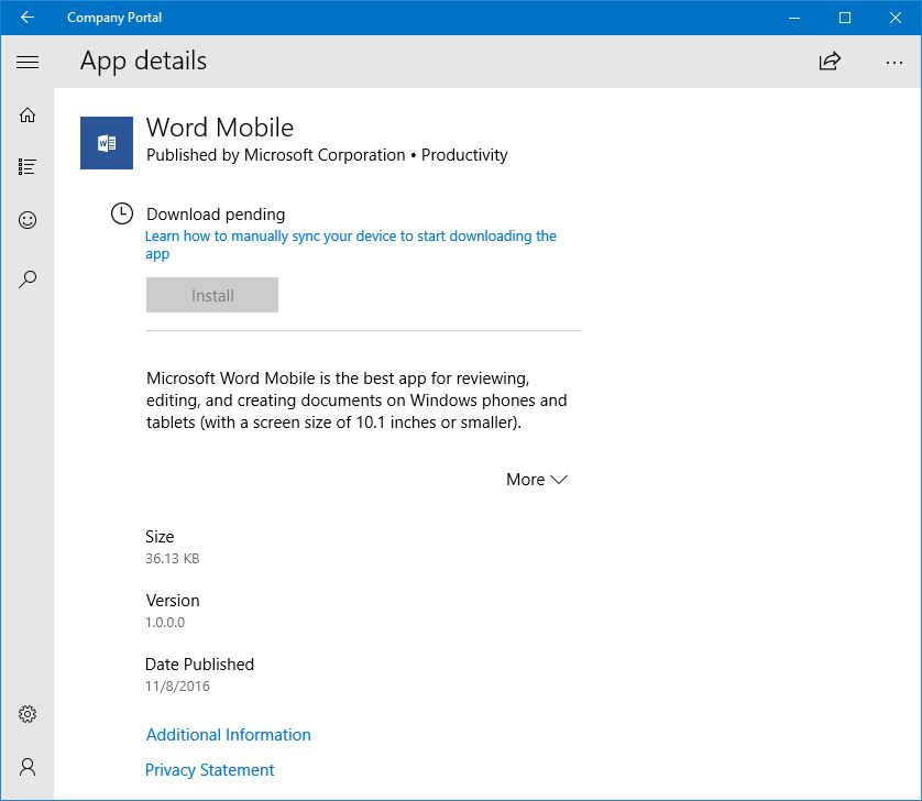Ein Bild der Unternehmensportal-App für Windows 10, wobei sich der Download von Microsoft Word aus dem App-Store des Unternehmensportals im ausstehenden Status befindet.