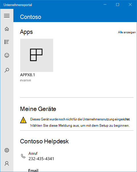 Ein Bild der Startbildschirms der Unternehmensportal-App von Windows 10 mit einer Statusmeldung in der Mitte in der Liste „Geräte“, die einen Benutzer darüber informiert, dass sein Gerät noch nicht für den Einsatz im Unternehmen eingerichtet wurde, und dass der Benutzer die Meldung auswählen kann, um mit dem Einrichten zu beginnen.